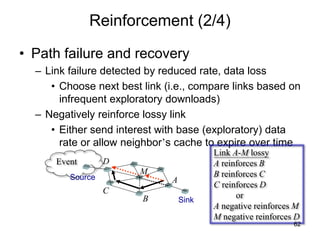 Reinforcement (2/4)
• Path failure and recovery
– Link failure detected by reduced rate, data loss
• Choose next best link (i.e., compare links based on
infrequent exploratory downloads)
– Negatively reinforce lossy link
• Either send interest with base (exploratory) data
rate or allow neighbor’s cache to expire over time
Sink
Source A
C
B
M
D
Link A-M lossy
A reinforces B
B reinforces C
C reinforces D
or
A negative reinforces M
M negative reinforces D
62
Event
 