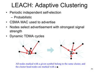 LEACH: Adaptive Clustering
• Periodic independent self-election
– Probabilistic
• CSMA MAC used to advertise
• Nodes select advertisement with strongest signal
strength
• Dynamic TDMA cycles
71
All nodes marked with a given symbol belong to the same cluster, and
the cluster head nodes are marked with a ●.
 