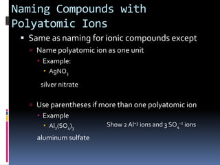 Lead, can bePb+2, Pb+3, or Pb+4Naming Monatomic ionsPositive ionsName of elementEx:  K+                    Potassium         Mg+2      	     Magnesium	     Al+3	     __________	     Sr+2	     __________Negative ions