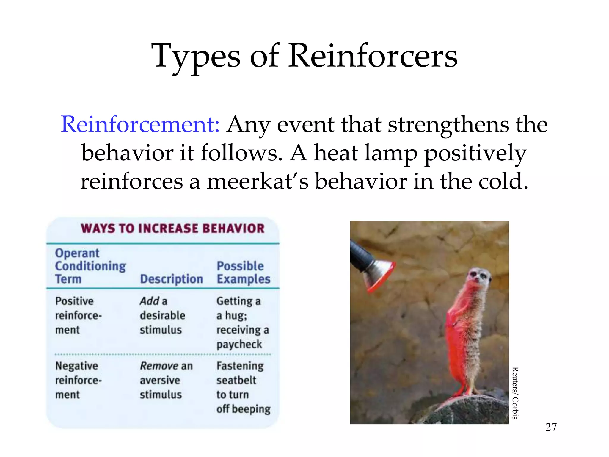 Types of Reinforcers
Reinforcement: Any event that strengthens the
 behavior it follows. A heat lamp positively
 reinforces a meerkat’s behavior in the cold.




                                         Reuters/ Corbis
                                                           27
 