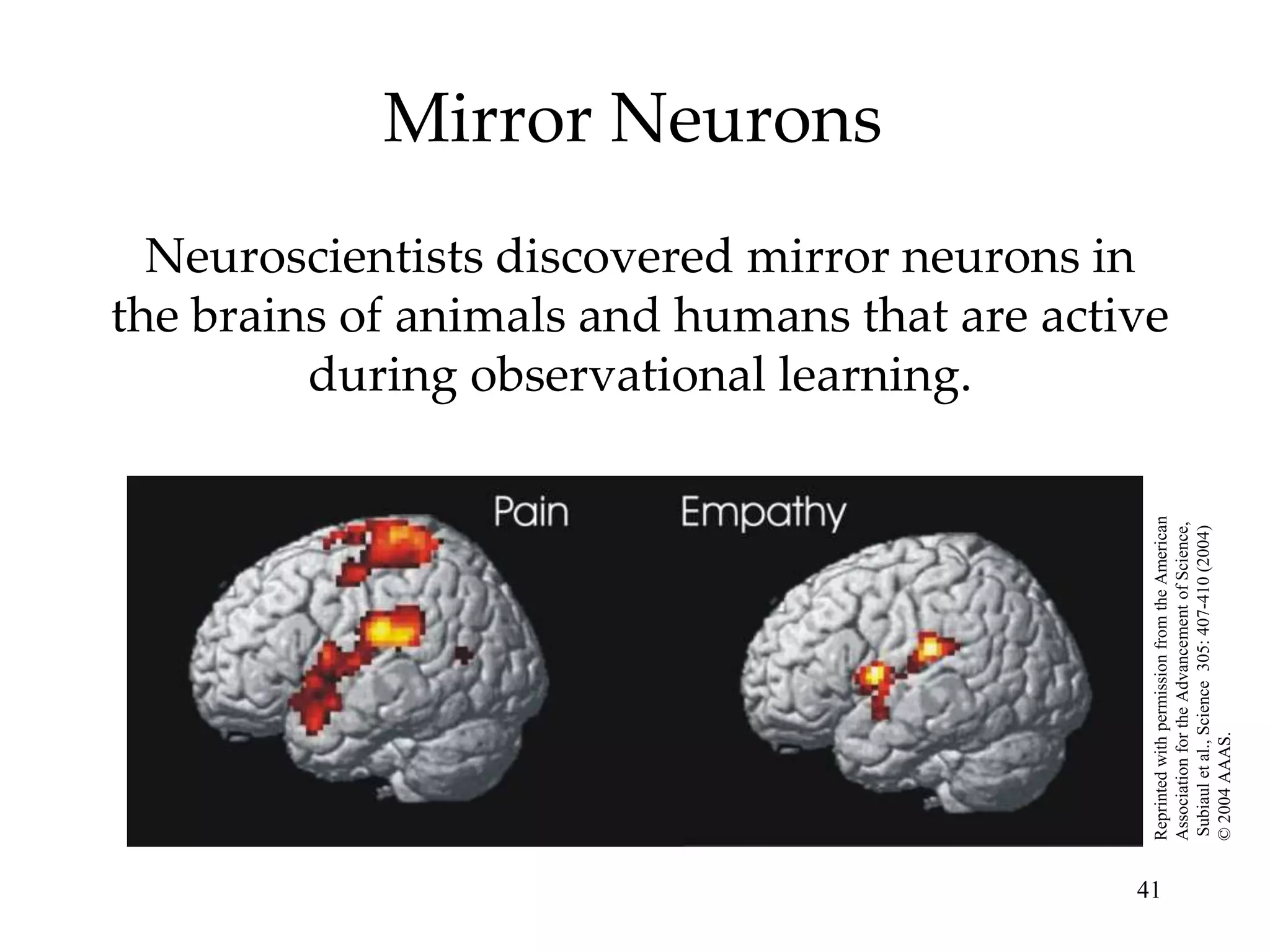 Mirror Neurons


                                                            during observational learning.
                                                     Neuroscientists discovered mirror neurons in




41
                                                   the brains of animals and humans that are active




     Reprinted with permission from the American
     Association for the Advancement of Science,
     Subiaul et al., Science 305: 407-410 (2004)
     © 2004 AAAS.
 