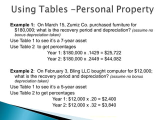Example 1:  On March 15, Zumiz Co. purchased furniture for $180,000; what is the recovery period and depreciation?  (assume no bonus depreciation taken) Use Table 1 to see it’s a 7-year asset Use Table 2  to get percentages Year 1: $180,000 x .1429 = $25,722 Year 2: $180,000 x .2449 = $44,082 Example 2 :  On February 3, Bling LLC bought computer for $12,000; what is the recovery period and depreciation?  (assume no bonus depreciation taken) Use Table 1 to see it’s a 5-year asset  Use Table 2 to get percentages Year 1: $12,000 x .20 = $2,400 Year 2: $12,000 x .32 = $3,840 2010 Cengage Learning 