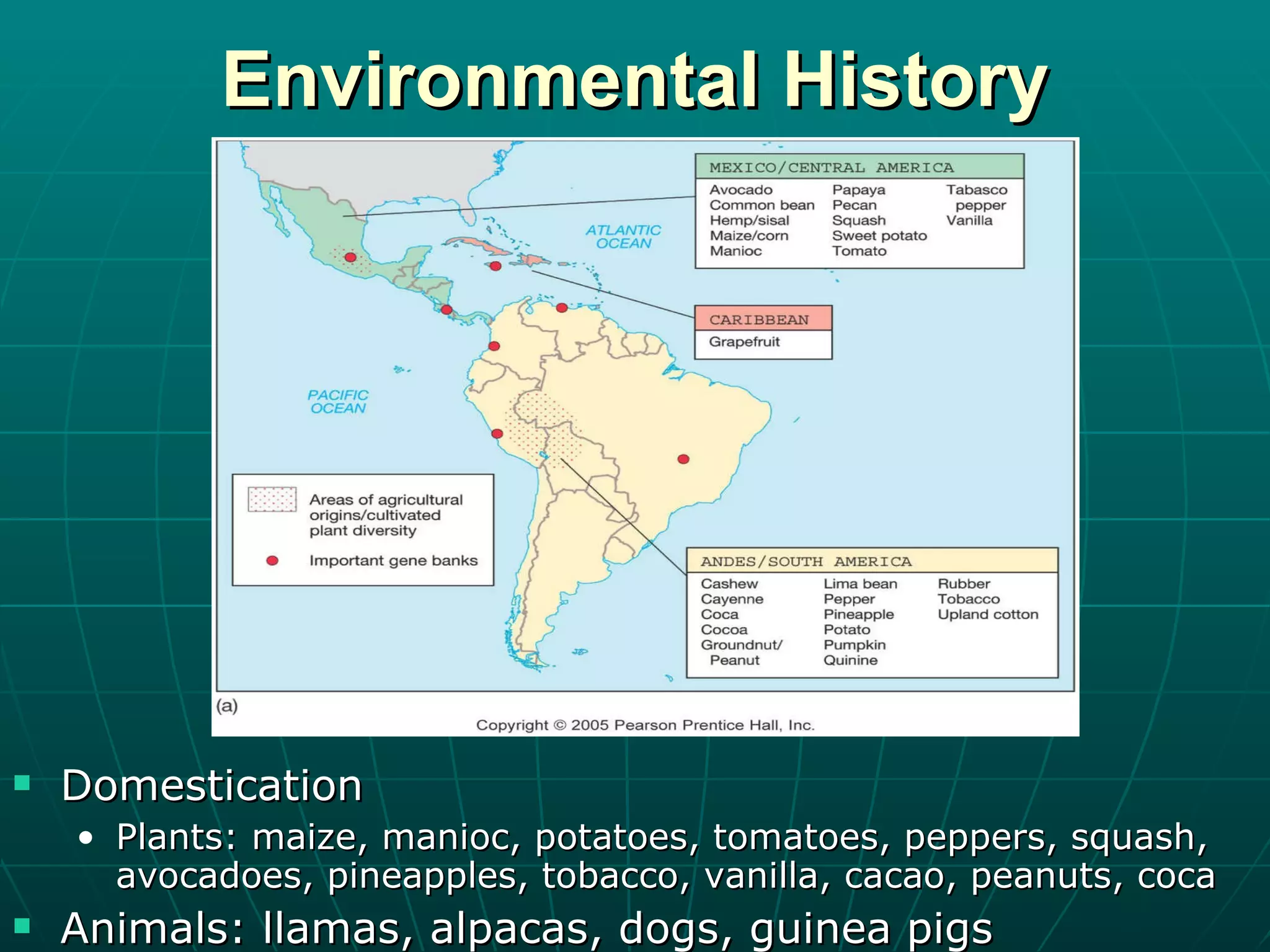 Environmental History Domestication Plants: maize, manioc, potatoes, tomatoes, peppers, squash, avocadoes, pineapples, tobacco, vanilla, cacao, peanuts, coca Animals: llamas, alpacas, dogs, guinea pigs 