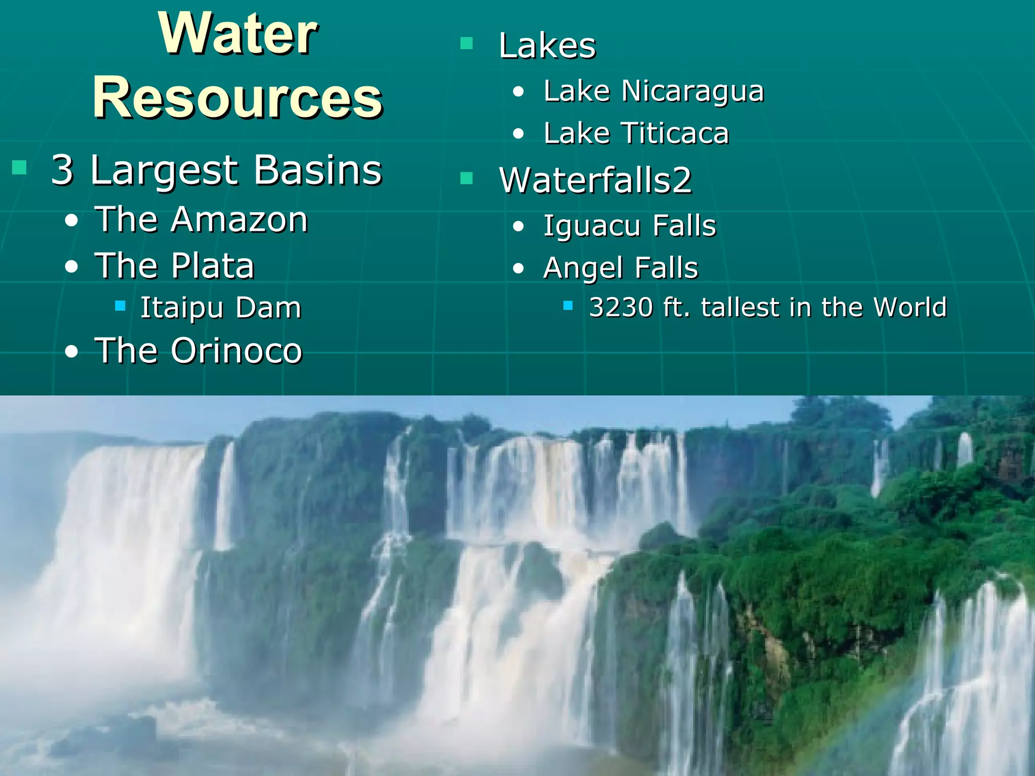 Water Resources 3 Largest Basins The Amazon The Plata Itaipu Dam The Orinoco Lakes Lake Nicaragua Lake Titicaca Waterfalls2 Iguacu Falls Angel Falls 3230 ft. tallest in the World 