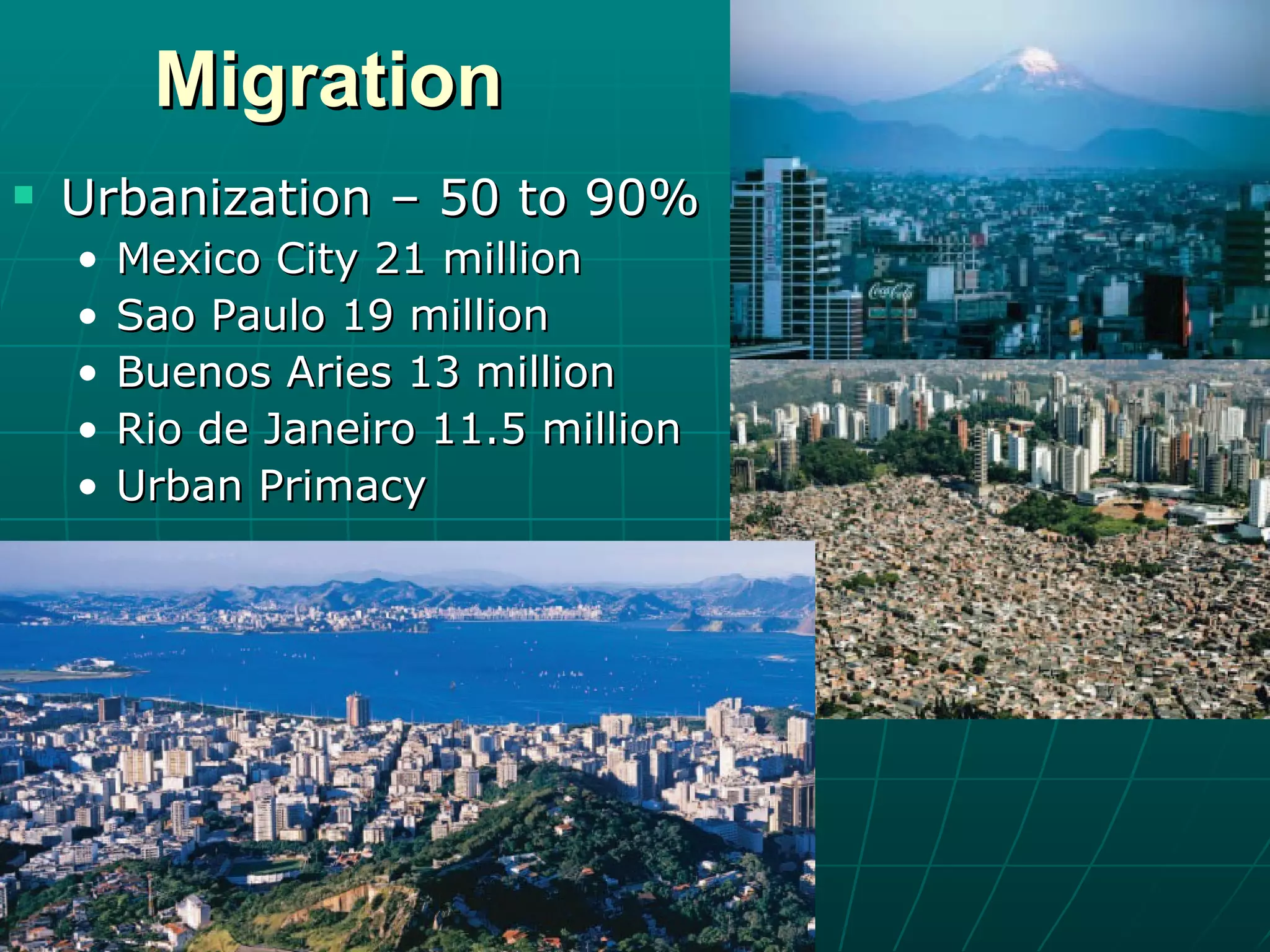 Migration Urbanization – 50 to 90% Mexico City 21 million Sao Paulo 19 million Buenos Aries 13 million Rio de Janeiro 11.5 million Urban Primacy 