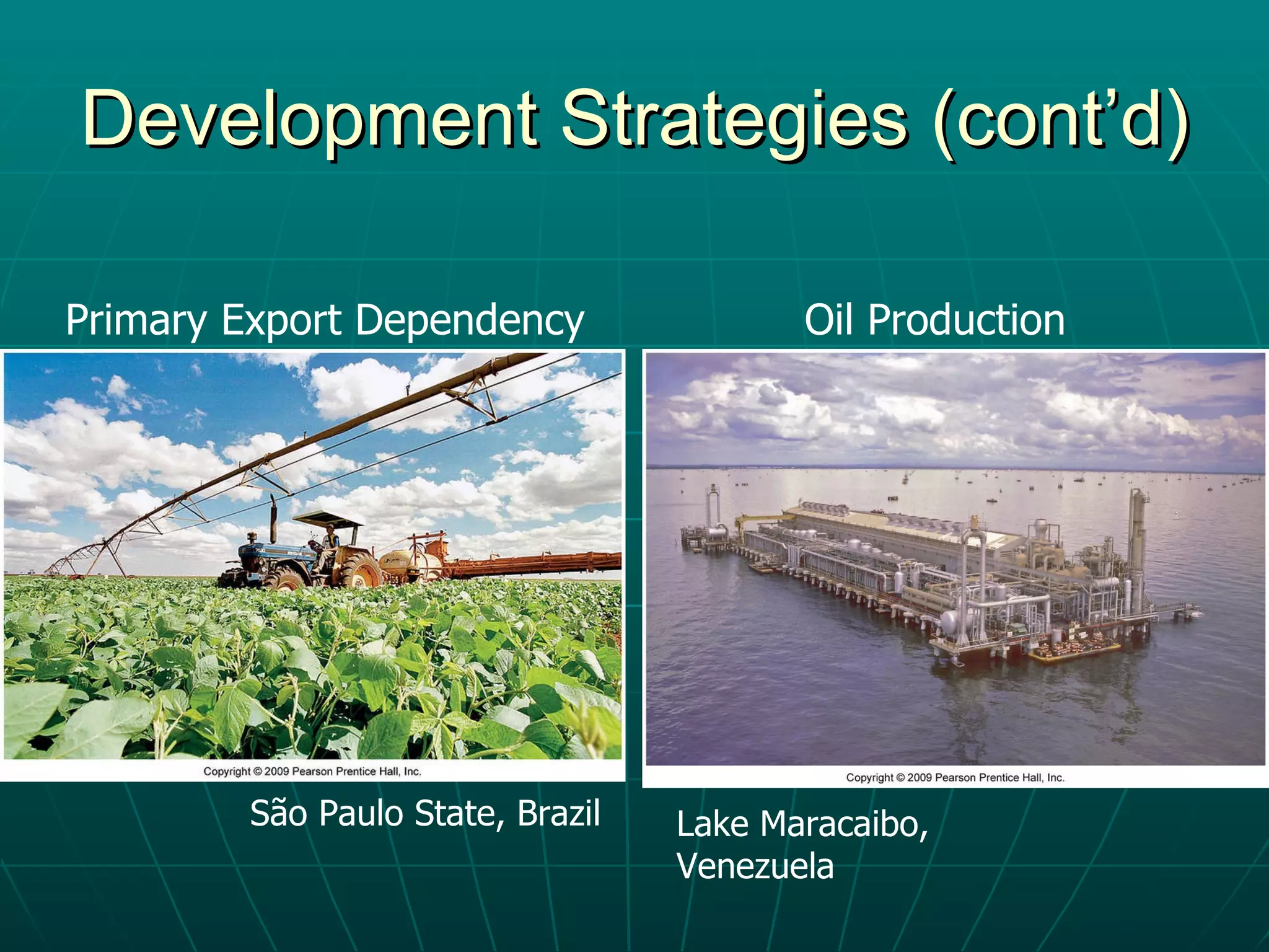 Development Strategies (cont’d) Primary Export Dependency Oil Production São Paulo State, Brazil Lake Maracaibo,  Venezuela 