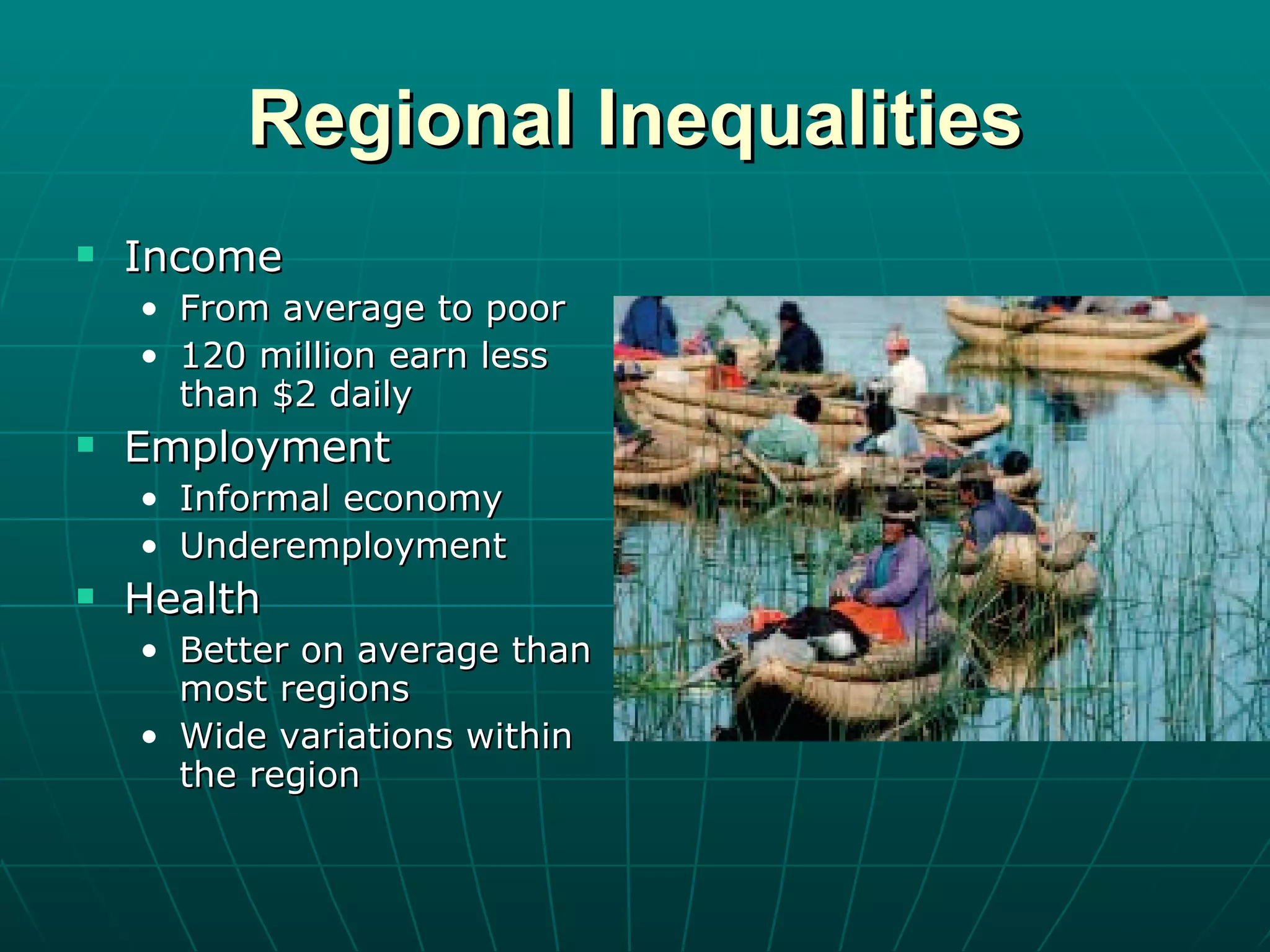 Regional Inequalities Income From average to poor 120 million earn less than $2 daily Employment Informal economy Underemployment Health Better on average than most regions Wide variations within the region 