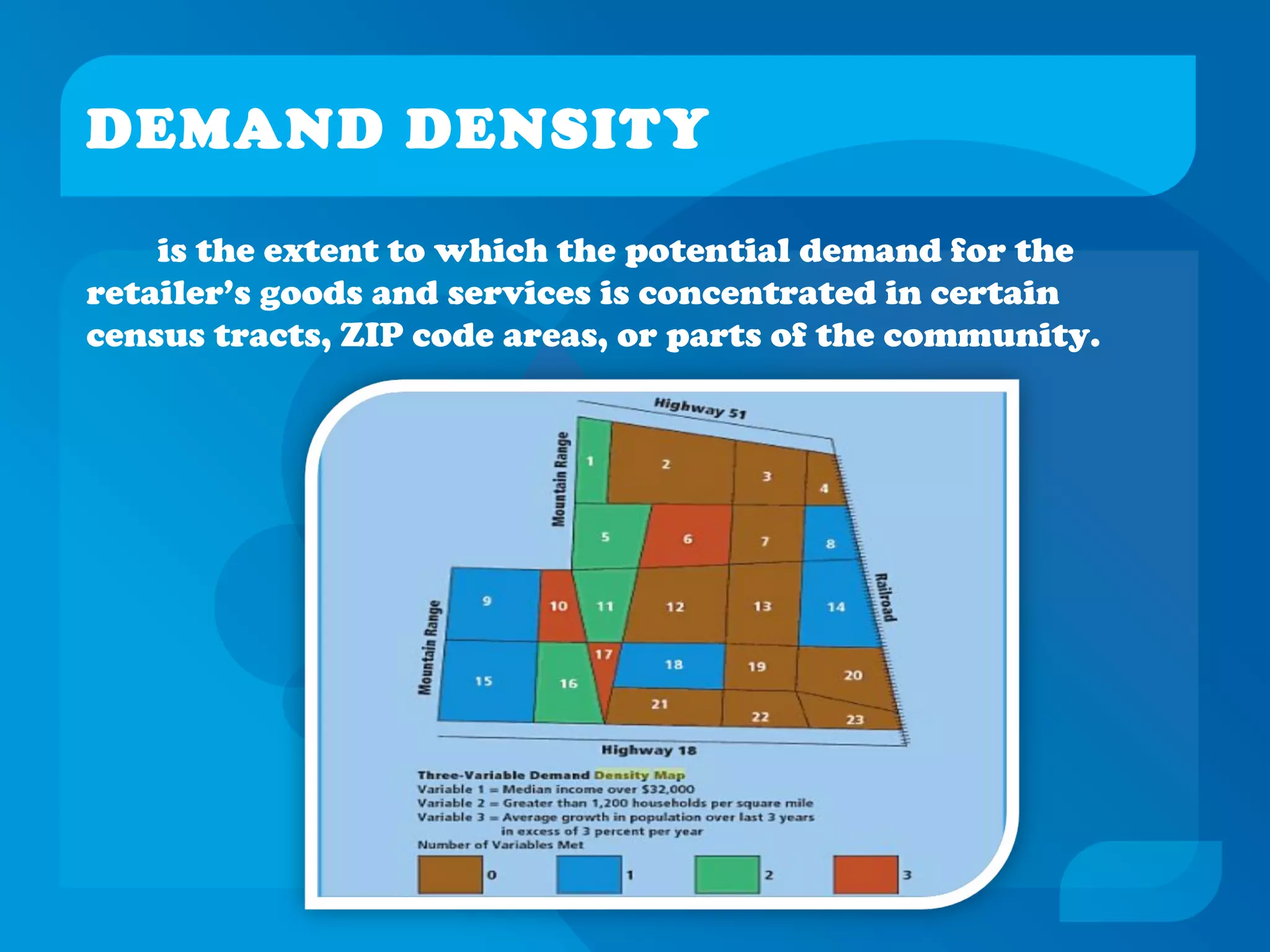 DEMAND DENSITY
is the extent to which the potential demand for the
retailer’s goods and services is concentrated in certain
census tracts, ZIP code areas, or parts of the community.
 