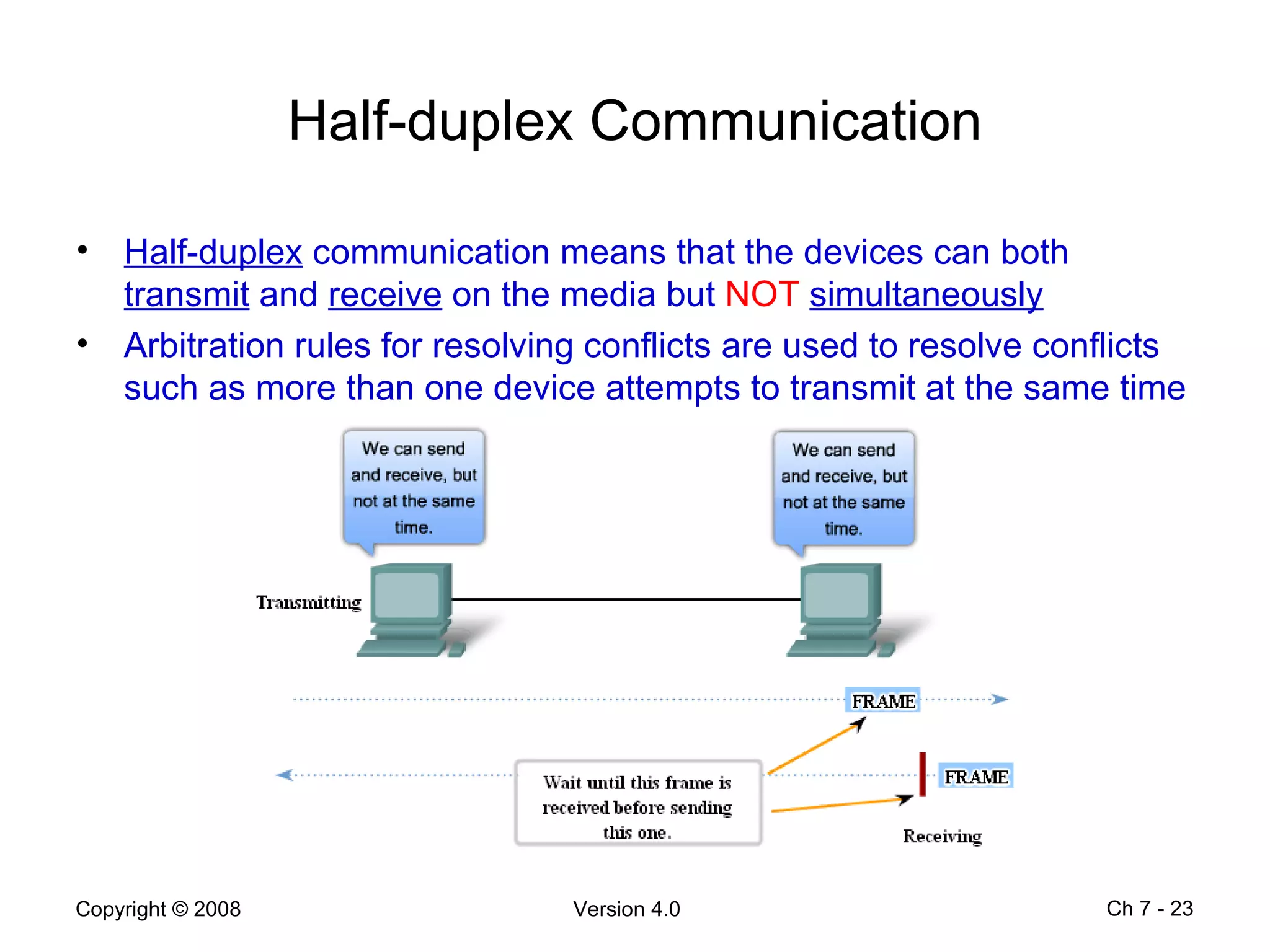 Half-duplex Communication Half-duplex  communication means that the devices can both  transmit  and  receive  on the media but  NOT   simultaneously Arbitration rules for resolving conflicts are used to resolve conflicts such as more than one device attempts to transmit at the same time  Ch 7 -  