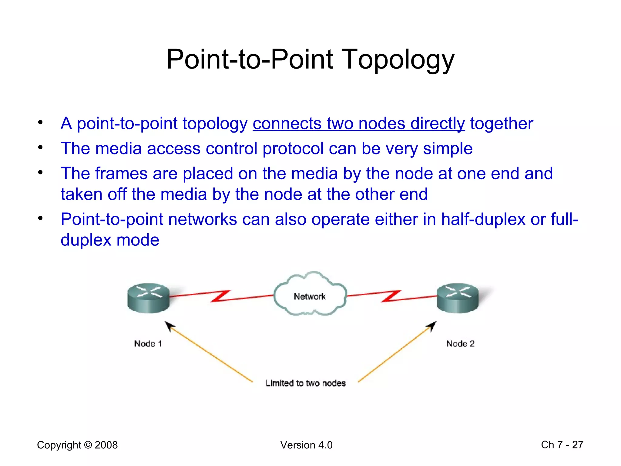 Point-to-Point Topology A point-to-point topology  connects two nodes directly  together The media access control protocol can be very simple The frames are placed on the media by the node at one end and taken off the media by the node at the other end Point-to-point networks can also operate either in half-duplex or full-duplex mode Ch 7 -  