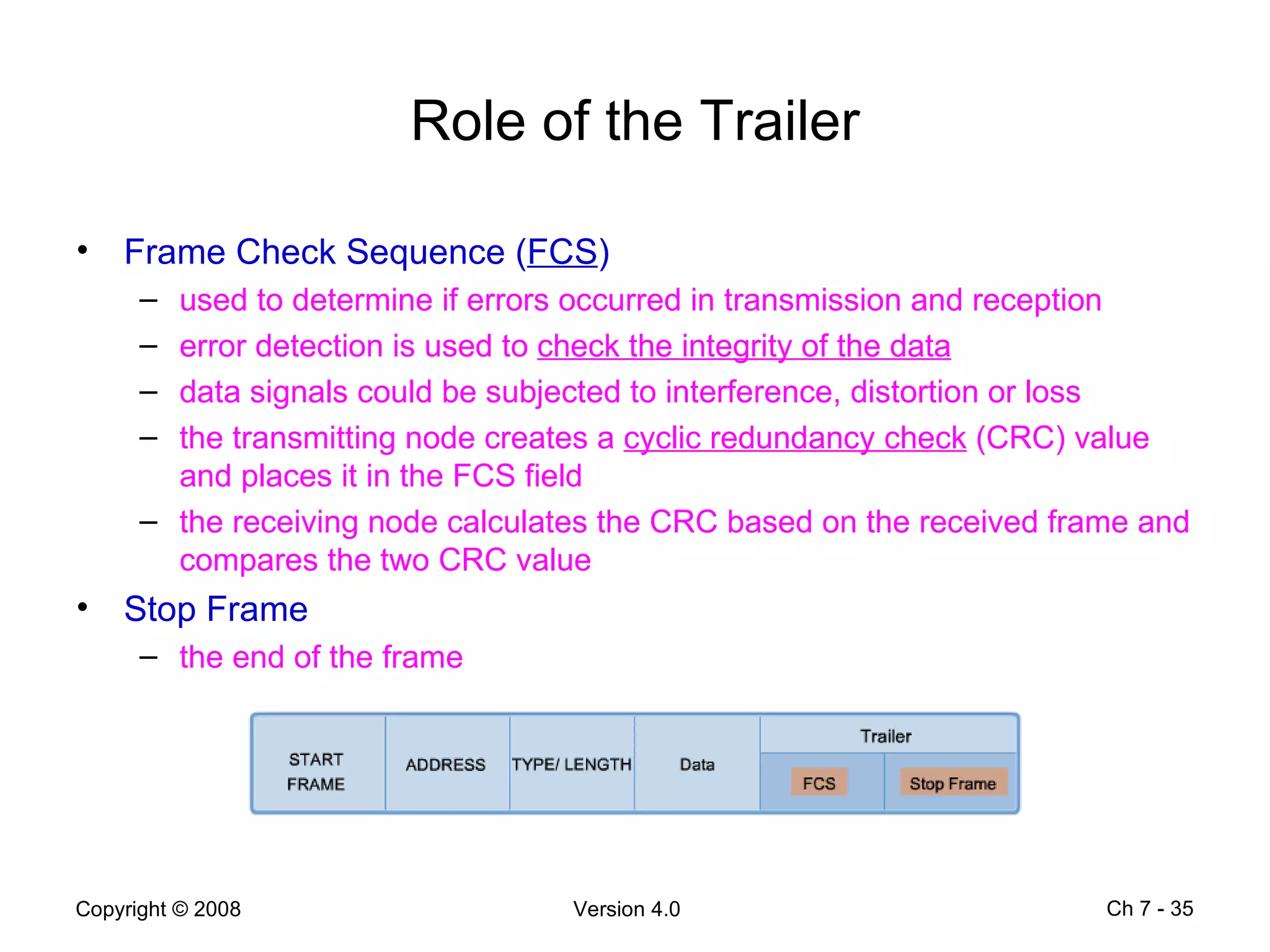 Role of the Trailer Frame Check Sequence ( FCS ) used to determine if errors occurred in transmission and reception  error detection is used to  check the integrity of the data data signals could be subjected to interference, distortion or loss the transmitting node creates a  cyclic redundancy check  (CRC) value and places it in the FCS field the receiving node calculates the CRC based on the received frame and compares the two CRC value Stop Frame the end of the frame Ch 7 -  