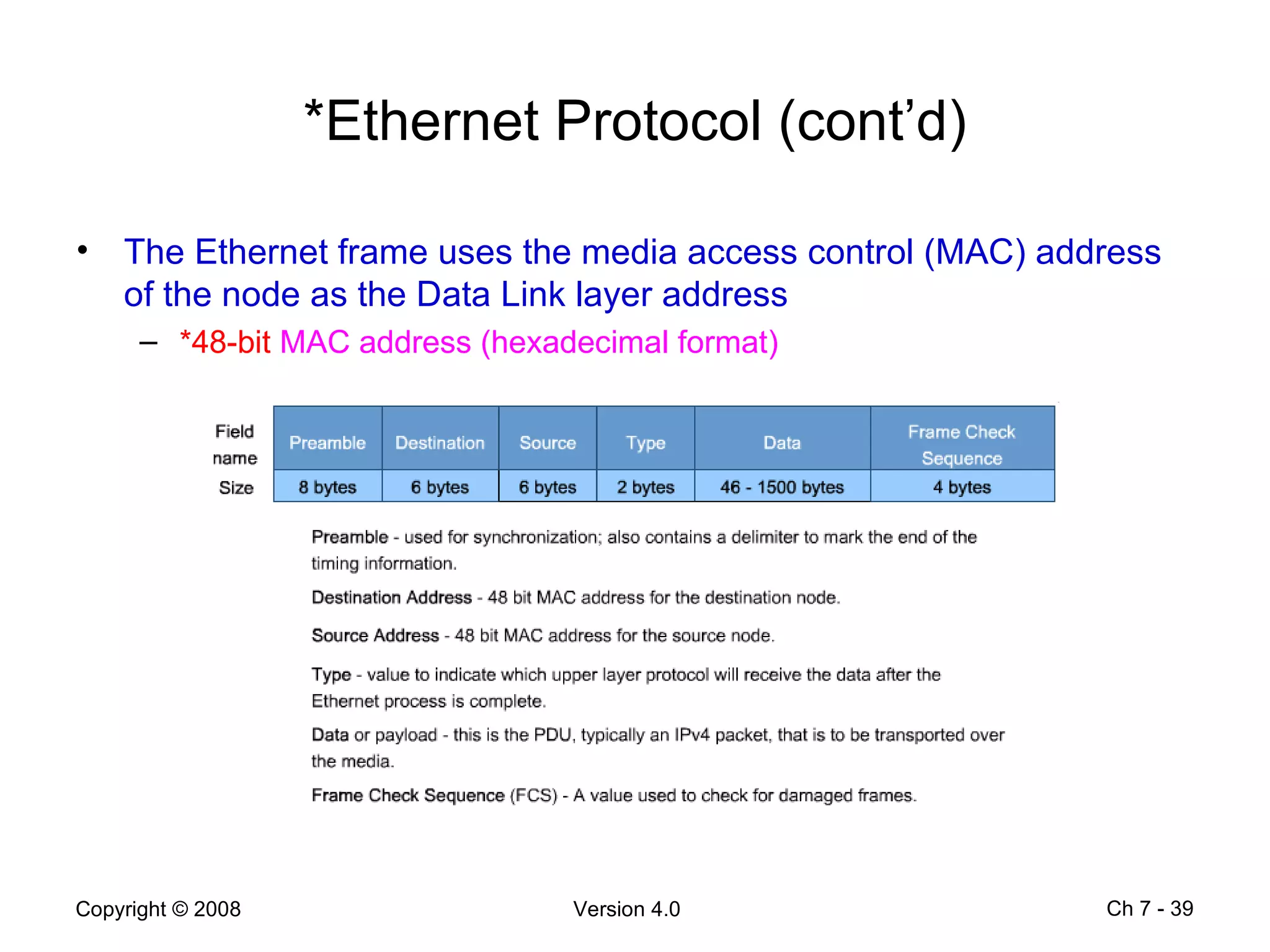 *Ethernet Protocol (cont’d) The Ethernet frame uses the media access control (MAC) address of the node as the Data Link layer address  *48-bit  MAC address (hexadecimal format) Ch 7 -  