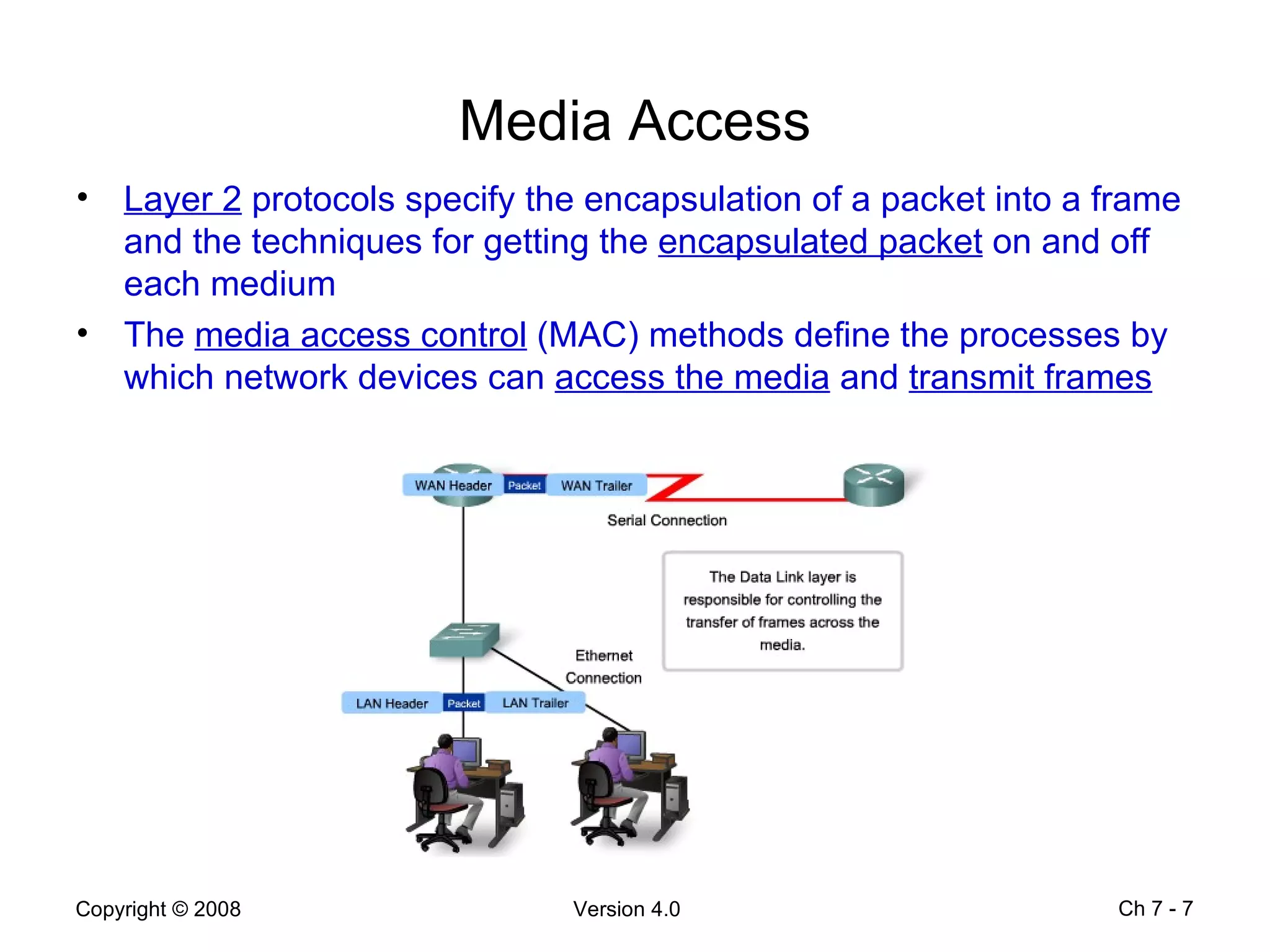 Media Access Layer 2  protocols specify the encapsulation of a packet into a frame and the techniques for getting the  encapsulated packet  on and off each medium  The  media access control  (MAC) methods define the processes by which network devices can  access the media  and  transmit frames Ch 7 -  