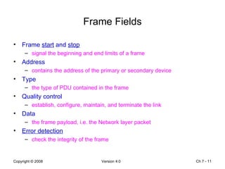 Frame Fields Frame  start  and  stop   signal the beginning and end limits of a frame  Address  contains the address of the primary or secondary device  Type  the type of PDU contained in the frame  Quality control  establish, configure, maintain, and terminate the link Data  the frame payload, i.e. the Network layer packet Error detection   check the integrity of the frame Ch 7 -  