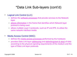 *Data Link Sub-layers (cont’d) Logical Link Control (LLC) defines the  software processes  that provide services to the Network layer  places information  in the frame that identifies which Network layer protocol is being used  allows multiple Layer 3 protocols, such as IP and IPX, to utilize the same network interface media Media Access Control (MAC) defines the  media access processes  performed by the hardware provides Data Link layer  addressing  and  delimiting(start & stop)  of data according to the physical signaling requirements of the medium and the type of Data Link layer protocols Ch 7 -  