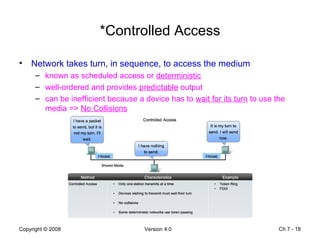 *Controlled Access Network takes turn, in sequence, to access the medium known as scheduled access or  deterministic well-ordered and provides  predictable  output  can be inefficient because a device has to  wait for its turn  to use the media =>  No Collisions Ch 7 -  