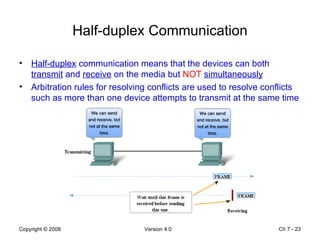 Half-duplex Communication Half-duplex  communication means that the devices can both  transmit  and  receive  on the media but  NOT   simultaneously Arbitration rules for resolving conflicts are used to resolve conflicts such as more than one device attempts to transmit at the same time  Ch 7 -  