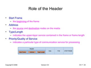 Role of the Header Start Frame  the  beginning  of the frame Address  the  source  and  destination  nodes on the media Type/Length indicates the upper-layer service contained in the frame or frame length  Priority/Quality of Service indicates a particular type of communication service for processing  Ch 7 -  