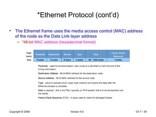 *Ethernet Protocol (cont’d) The Ethernet frame uses the media access control (MAC) address of the node as the Data Link layer address  *48-bit  MAC address (hexadecimal format) Ch 7 -  