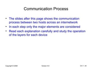 Communication Process The slides after this page shows the communication process between two hosts across an internetwork  In each step only the major elements are considered Read each explanation carefully and study the operation of the layers for each device  Ch 7 -  