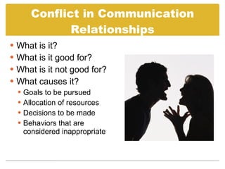 Conflict in Communication Relationships What is it? What is it good for? What is it not good for? What causes it? Goals to be pursued Allocation of resources Decisions to be made Behaviors that are considered inappropriate