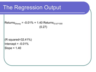 The Regression Output
ReturnsDisney = -0.01% + 1.40 ReturnsS & P 500
(0.27)
(R squared=32.41%)
Intercept = -0.01%
Slope = 1.40
 