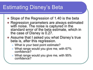 Estimating Disney’s Beta
 Slope of the Regression of 1.40 is the beta
 Regression parameters are always estimated
with noise. The noise is captured in the
standard error of the beta estimate, which in
the case of Disney is 0.27.
 Assume that I asked you what Disney’s true
beta is, after this regression.
 What is your best point estimate?
 What range would you give me, with 67%
confidence?
 What range would you give me, with 95%
confidence?
 