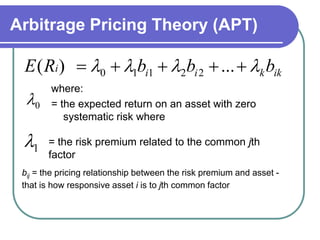 Arbitrage Pricing Theory (APT)
where:
= the expected return on an asset with zero
systematic risk where
ikkiii bbbRE   ...)( 22110
0
1 = the risk premium related to the common jth
factor
bij = the pricing relationship between the risk premium and asset -
that is how responsive asset i is to jth common factor
 