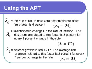 Using the APT
= unanticipated changes in the rate of inflation. The
risk premium related to this factor is 2 percent for
every 1 percent change in the rate
1
)02.( 1 
= percent growth in real GDP. The average risk
premium related to this factor is 3 percent for every
1 percent change in the rate
= the rate of return on a zero-systematic-risk asset
(zero beta) is 4 percent
2
)03.( 2 
)04.( 0 
0
 