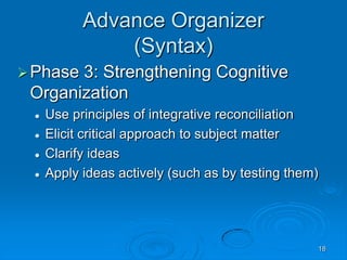 18
Advance Organizer
(Syntax)
Phase 3: Strengthening Cognitive
Organization
 Use principles of integrative reconciliation
 Elicit critical approach to subject matter
 Clarify ideas
 Apply ideas actively (such as by testing them)
 