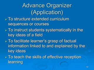 19
Advance Organizer
(Application)
 To structure extended curriculum
sequences or courses
 To instruct students systematically in the
key ideas of a field
 To facilitate learner’s grasp of factual
information linked to and explained by the
key ideas
 To teach the skills of effective reception
learning
 