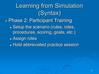 27
Learning from Simulation
(Syntax)
Phase 2: Participant Training
 Setup the scenario (rules, roles,
procedures, scoring, goals, etc.)
 Assign roles
 Hold abbreviated practice session
 
