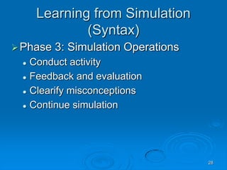 28
Learning from Simulation
(Syntax)
Phase 3: Simulation Operations
 Conduct activity
 Feedback and evaluation
 Clearify misconceptions
 Continue simulation
 