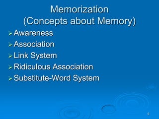 5
Memorization
(Concepts about Memory)
Awareness
Association
Link System
Ridiculous Association
Substitute-Word System
 