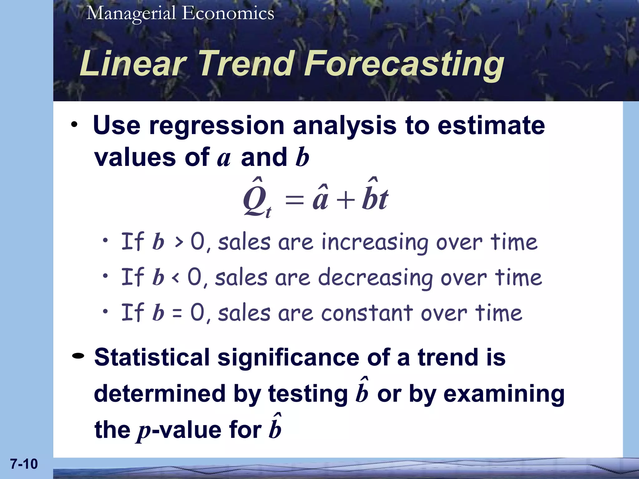 Linear Trend Forecasting If  b   > 0, sales are increasing over time If  b  < 0, sales are decreasing over time If  b  = 0, sales are constant over time 7- 