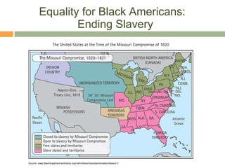 Equality for Black Americans:  Ending Slavery Source: www.teachingamericanhistory.org/neh/interactives/sectionalism/lesson1/. 