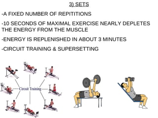 3) SETS -A FIXED NUMBER OF REPITITIONS -10 SECONDS OF MAXIMAL EXERCISE NEARLY DEPLETES THE ENERGY FROM THE MUSCLE -ENERGY IS REPLENISHED IN ABOUT 3 MINUTES -CIRCUIT TRAINING & SUPERSETTING 