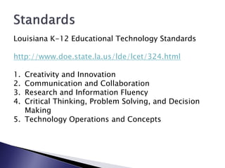 Louisiana K-12 Educational Technology Standards

http://www.doe.state.la.us/lde/lcet/324.html

1. Creativity and Innovation
2. Communication and Collaboration
3. Research and Information Fluency
4. Critical Thinking, Problem Solving, and Decision
   Making
5. Technology Operations and Concepts
 