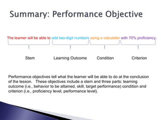 The learner will be able to add two-digit numbers using a calculator with 70% proficiency.




           Stem             Learning Outcome          Condition            Criterion



Performance objectives tell what the learner will be able to do at the conclusion
of the lesson. These objectives include a stem and three parts: learning
outcome (i.e., behavior to be attained, skill, target performance) condition and
criterion (i.e., proficiency level, performance level).
 