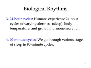 Biological Rhythms 3. 24-hour cycles : Humans experience 24-hour cycles of varying alertness (sleep), body temperature, and growth hormone secretion. 4.   90-minute cycles:  We go through various stages of sleep in 90-minute cycles. 
