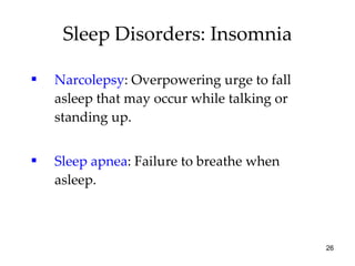 Narcolepsy : Overpowering urge to fall asleep that may occur while talking or standing up. Sleep apnea : Failure to breathe when asleep.  Sleep Disorders: Insomnia 