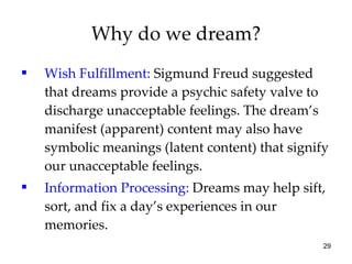 Why do we dream? Wish Fulfillment:  Sigmund Freud suggested that dreams provide a psychic safety valve to discharge unacceptable feelings. The dream’s manifest (apparent) content may also have symbolic meanings (latent content) that signify our unacceptable feelings. Information Processing:  Dreams may help sift, sort, and fix a day’s experiences in our memories. 