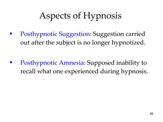 Aspects of Hypnosis  Posthypnotic Suggestion:  Suggestion carried out after the subject is no longer hypnotized.  Posthypnotic Amnesia:  Supposed inability to recall what one experienced during hypnosis. 