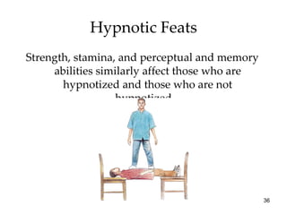 Strength, stamina, and perceptual and memory abilities similarly affect those who are hypnotized and those who are not hypnotized.  Hypnotic Feats 