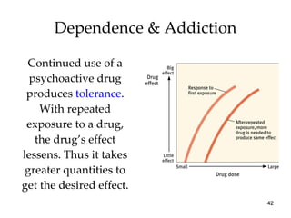 Dependence & Addiction Continued use of a psychoactive drug produces  tolerance . With repeated exposure to a drug, the drug’s effect lessens. Thus it takes greater quantities to get the desired effect. 