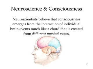 Neuroscience & Consciousness Neuroscientists believe that consciousness emerges from the interaction of individual brain events much like a chord that is created from different musical notes. 