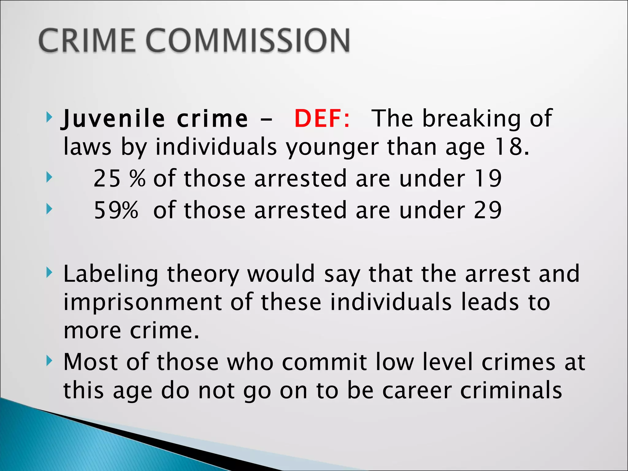 Juvenile crime -  DEF:  The breaking of laws by individuals younger than age 18.  25 % of those arrested are under 19 59%  of those arrested are under 29 Labeling theory would say that the arrest and imprisonment of these individuals leads to more crime. Most of those who commit low level crimes at this age do not go on to be career criminals  
