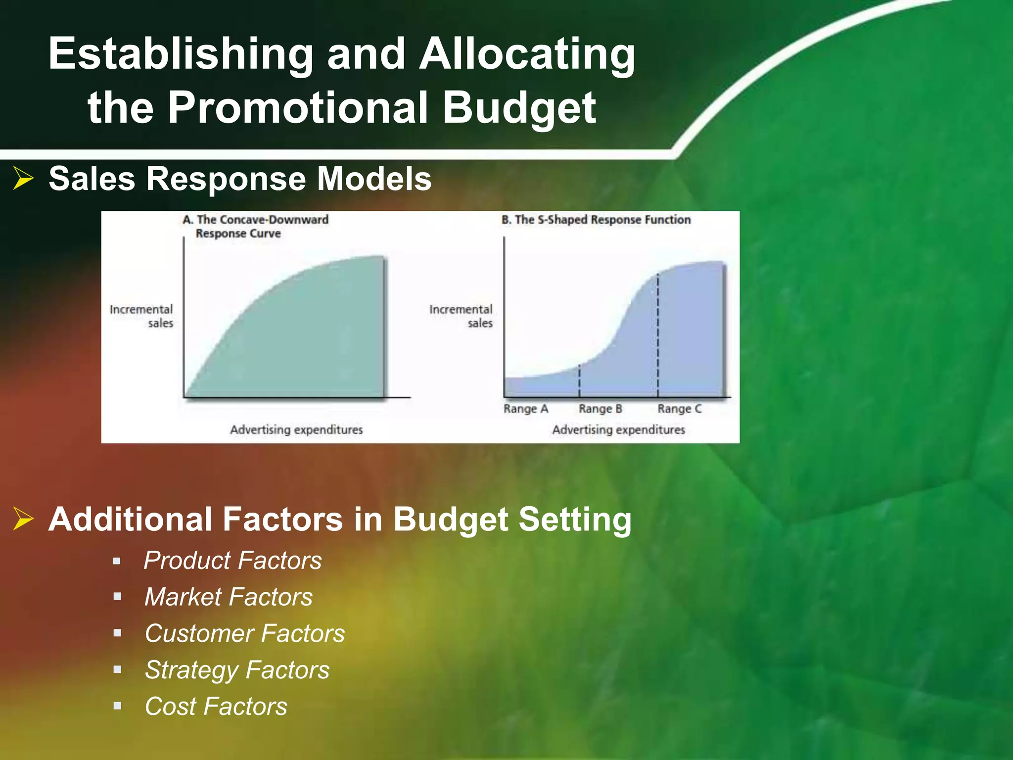 Establishing and Allocating
   the Promotional Budget
 Sales Response Models




 Additional Factors in Budget Setting
       Product Factors
         Market Factors
         Customer Factors
         Strategy Factors
         Cost Factors
 