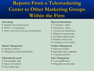 Reports From a Telemarketing
Center to Other Marketing Groups
         Within the Firm




               28
 