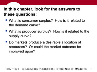 In this chapter, look for the answers to
these questions:
  What is consumer surplus? How is it related to
   the demand curve?
 What is producer surplus? How is it related to the
   supply curve?
 Do markets produce a desirable allocation of
   resources? Or could the market outcome be
   improved upon?



 CHAPTER 7   CONSUMERS, PRODUCERS, EFFICIENCY OF MARKETS   1
 